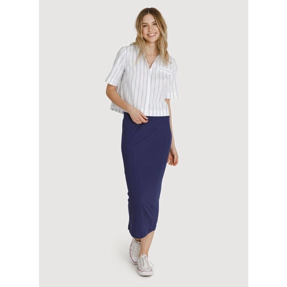 Kit & Ace Long & Lean Pencil Skirt Contour Fit HTHR Navy Blue Pull On Midi Sz XS